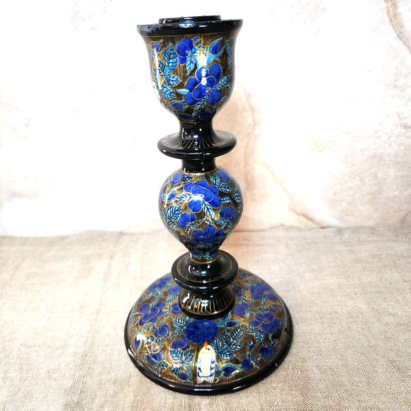Hand Painted Blue & Gold Floral with White Bird Wooden Candlestick Holder 7.75" - Picture 1 of 10